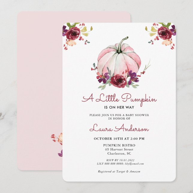 Rosa och Burgundy Blommigt Pumpkin Baby Shower Inbjudningar (Fram/baksida)