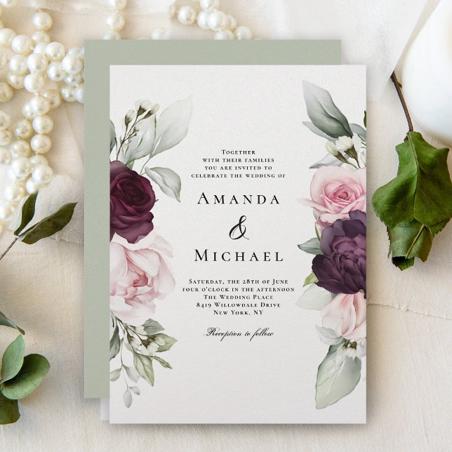 Rosa och Burgundy Blommigt Romantic Bröllop Inbjudningar (Skapare uppladdad)