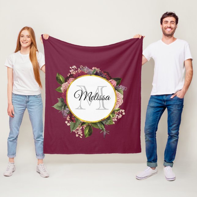 Rosa och Burgundy Blommigts Monogram Fleecefilt (På plats)