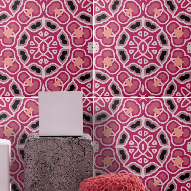 Rosa och Burgundy Kaleidoscopic Geometric Mönster Kakelplatta (Skapare uppladdad)