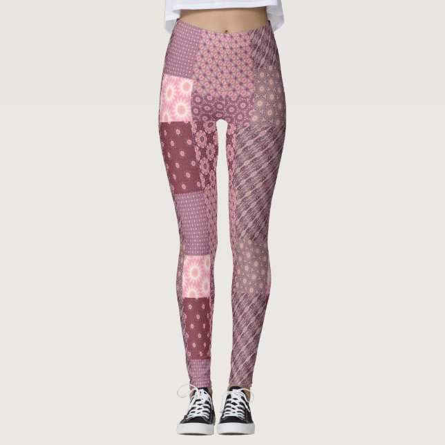 Rosa och Burgundy Patchwork Mönster Leggings (Framsida)