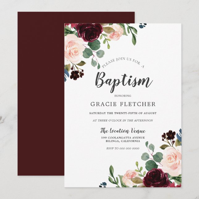 Rosa och Burgundy Red Flowers Baptism Christening Inbjudningar (Fram/baksida)