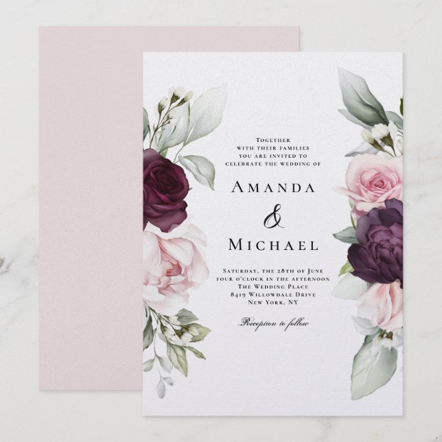 Rosa och Burgundy Romantic Blommigt Bröllop Inbjudningar (Fram/baksida)