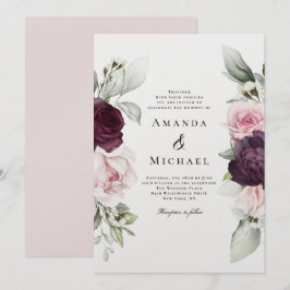 Rosa och Burgundy Romantic Blommigt Bröllop Inbjudningar