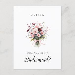 Rosa och Burgundy Wildblommor Bridesmaid Frieri Vykort