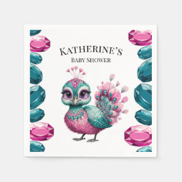 Rosa och burk av skaljuren Baby Peacock Baby Showe Pappersservett