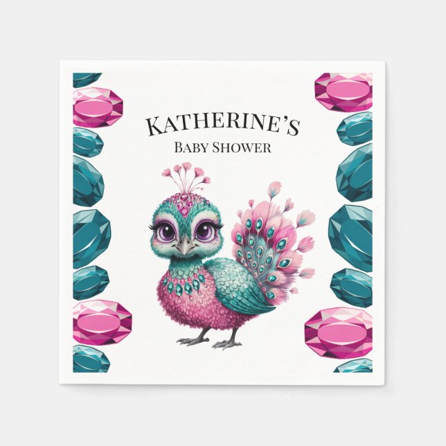 Rosa och burk av skaljuren Baby Peacock Baby Showe Pappersservett (Framsidan)