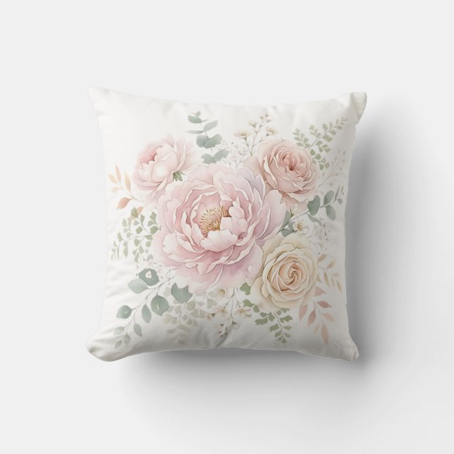 Rosa och champagnegul akvarellblomsterbukett kudde (Framsida)