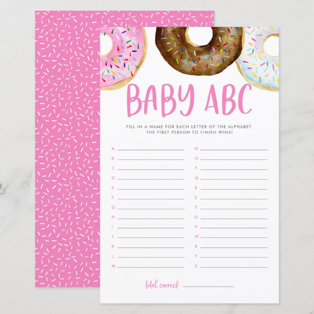 Rosa och choklad Donuts ABC Baby Shower Game (Fram/baksida)