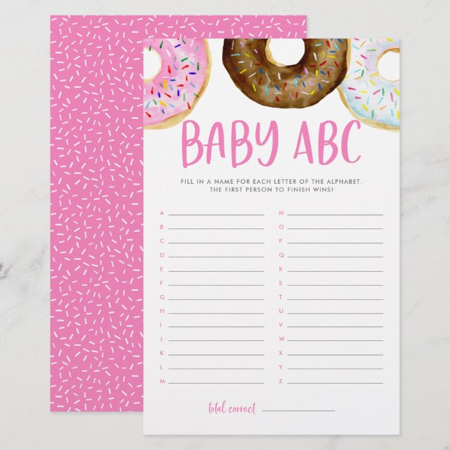 Rosa och choklad Donuts ABC Baby Shower Game (Fram/baksida)