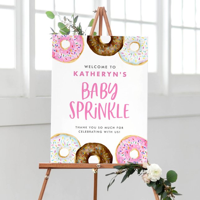 Rosa och choklad Donuts Baby Sprinkle Poster (Watercolor Pink Sprinkle Donut Baby Sprinkle Welcome Sign – Customizable Baby Shower Decor)
