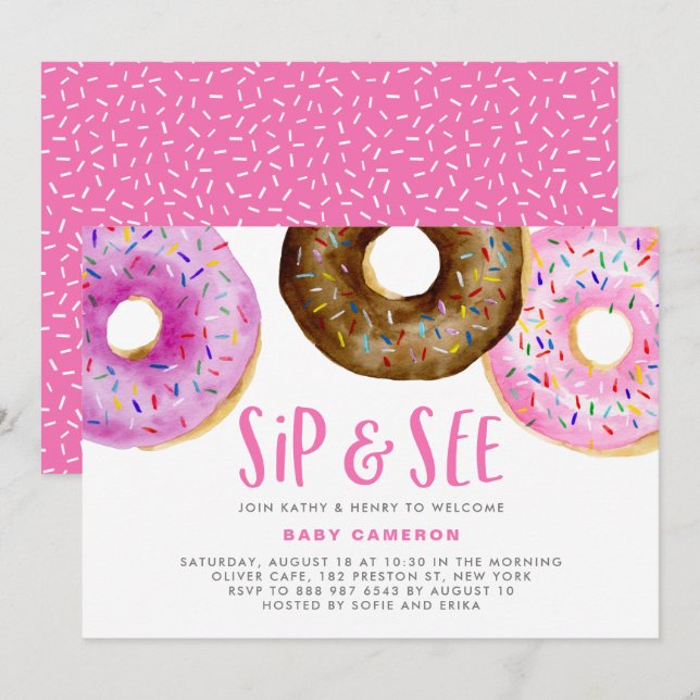 Rosa och choklad Donuts Sprinkles Sip och se Inbjudningar (Fram/baksida)