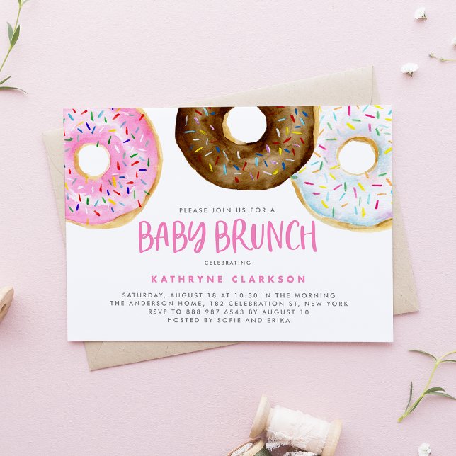 Rosa och choklad Vattenfärg Donuts Baby Brunch Inbjudningar (Skapare uppladdad)