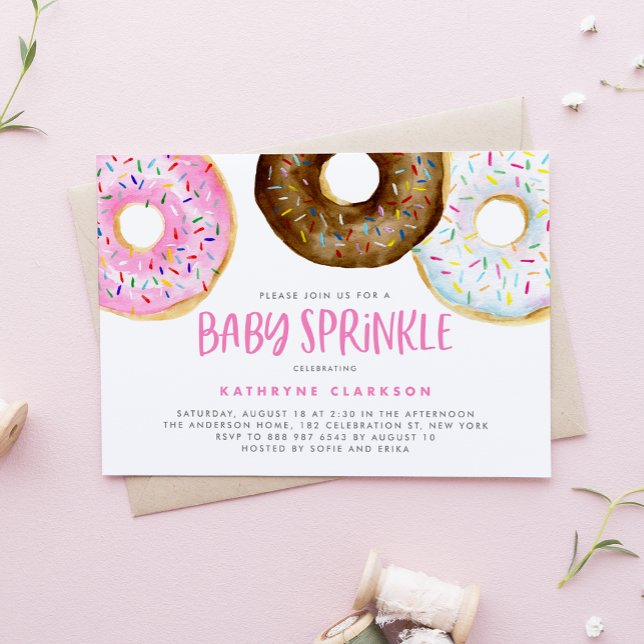 Rosa och choklad Vattenfärg Donuts Baby Sprinkle Inbjudningar (Skapare uppladdad)