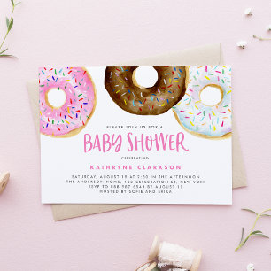 Rosa och choklad Vattenfärgsdonuts Babykläder Inbjudningar