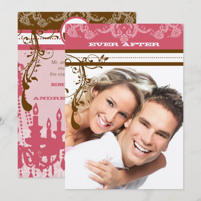 Rosa och chokladbrun vintagekronlampa inbjudningar (Fram/baksida)