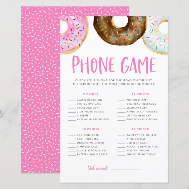 Rosa och chokladdonut-barnkalas-telefonspel (Fram/baksida)