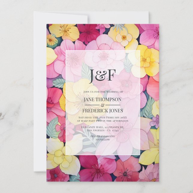 Rosa och citrongula blomsterbröllopsmonogram inbjudningar (Framsida)