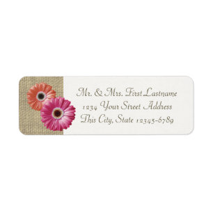 Rosa och Coral Gerbera Daisy och Burlap Returadress Etikett