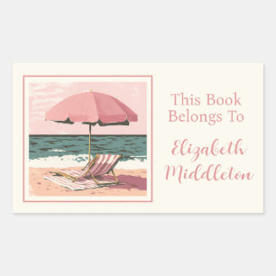 Rosa och Cream Beach-ordförande och Parbrella Book Rektangulärt Klistermärke