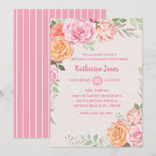 Rosa och Cream Blommigt Kvinnors Födelsedagsfest Inbjudningar
