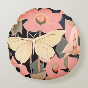 Rosa och Cream - Luna Moth och Moonblommor Rund Kudde