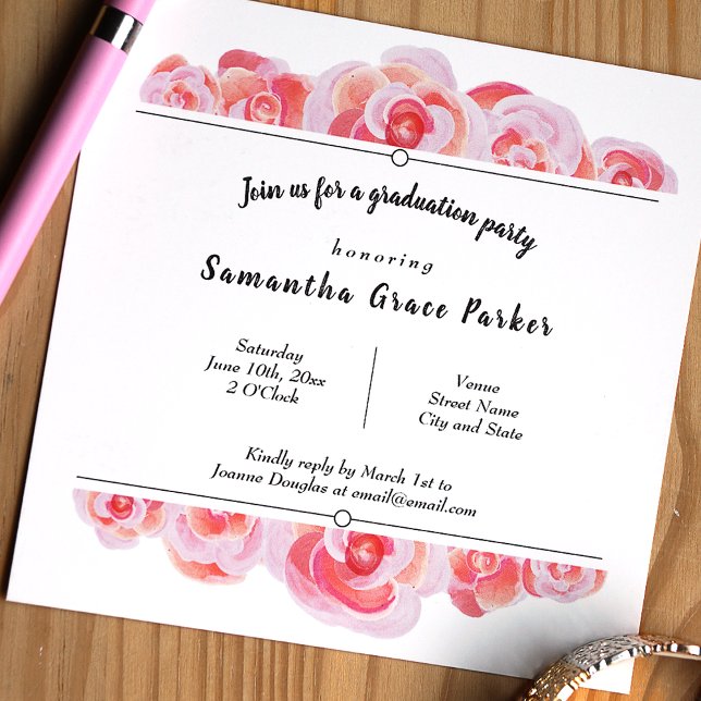Rosa och Creamsicle Botanical Ro Party Inbjudningar (Peach, pink, and black floral graduation party invitation for a Spring botanical roses theme)