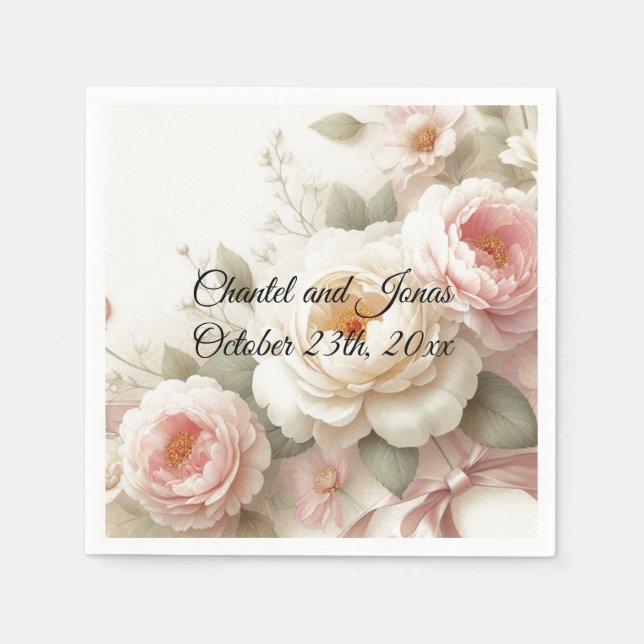 Rosa och Crème Rosor Peony Bröllops Pappers Servet Pappersservett (Framsidan)