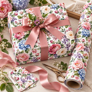Rosa och elfenbensfärgade pioner, blå hortensior B Presentpapper