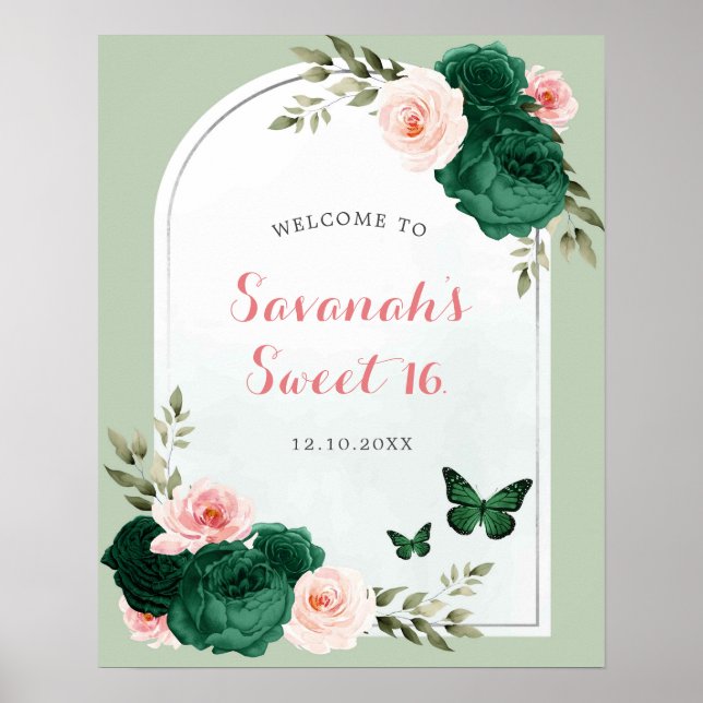 Rosa och Emerald Grönt Sweet 16 Välkomsttecken Poster (Framsidan)