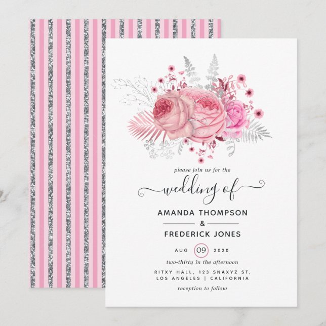 Rosa och falskt folie & glitter silver blommande b inbjudningar (Fram/baksida)