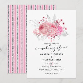 Rosa och falskt folie & glitter silver blommande b inbjudningar