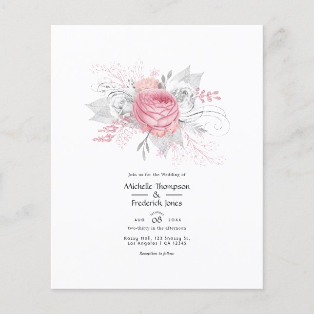 Rosa och falskt silverblommig bröllopsfest flygblad (Framsidan)