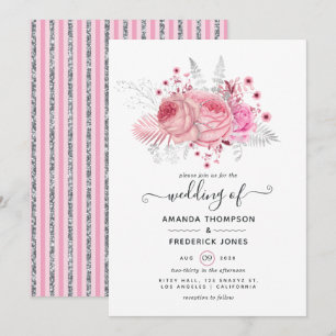 Rosa och Faux Foil & Glitter Silver Blommigt Bröll Inbjudningar