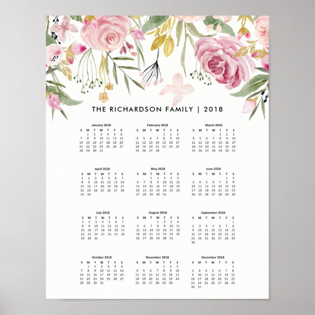  Rosa och Faux Guld Flowers | 2018 Kalender Poster (Framsidan)