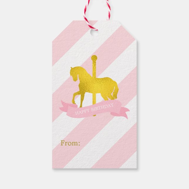 Rosa och Faux guldfoil Carousel Horse Presentetikett (Baksidan)