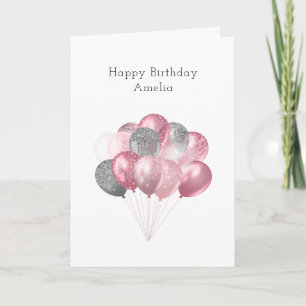 Rosa och födelsedag i glitter Balloon Bunch och Si Kort