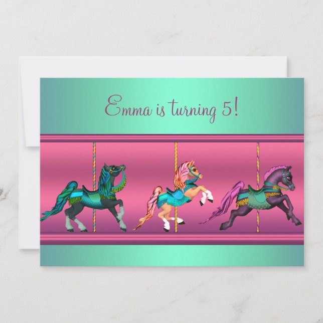 Rosa och Födelsedagsfesten Teal Carousel Pony Inbjudningar (Framsida)
