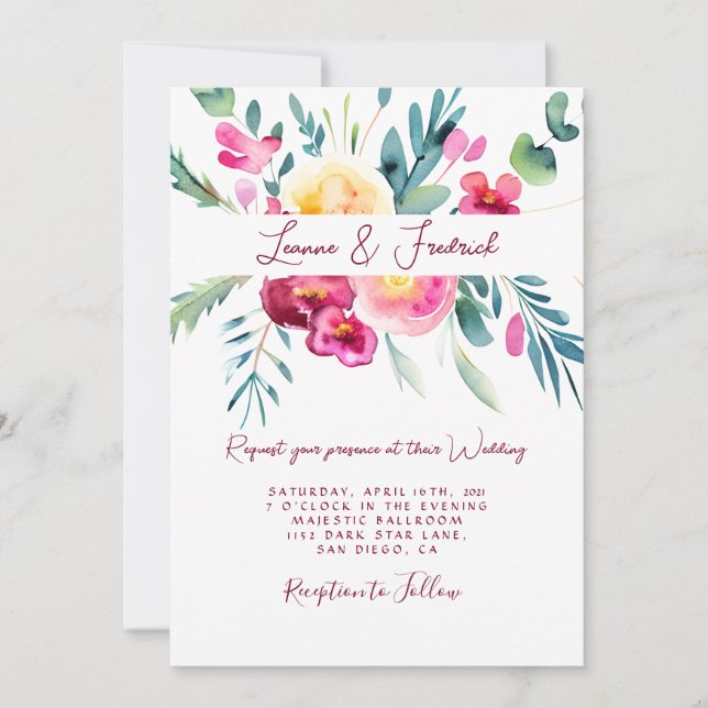 Rosa och fuchsia akvarell blommande anpassad bröll inbjudningar (Framsida)