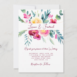Rosa och fuchsia akvarell blommande anpassad bröll inbjudningar