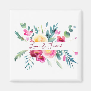 Rosa och fushia akvarell blommande anpassad bröllo magnet