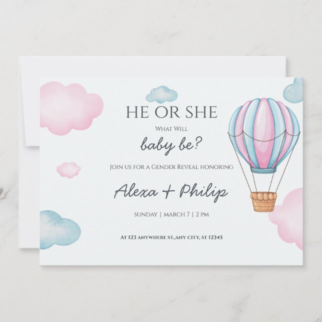 Rosa och Gender av blå Luftballong i Party Inbjudningar (Framsida)