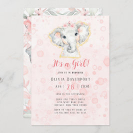 Rosa och grå akvarell Elefantflicka Baby Shower Inbjudningar