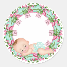 Rosa- och grå babybocksetikett med Baby blommigt Runt Klistermärke