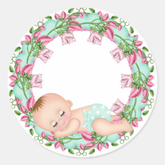 Rosa- och grå babybocksetikett med Baby blommigt Runt Klistermärke