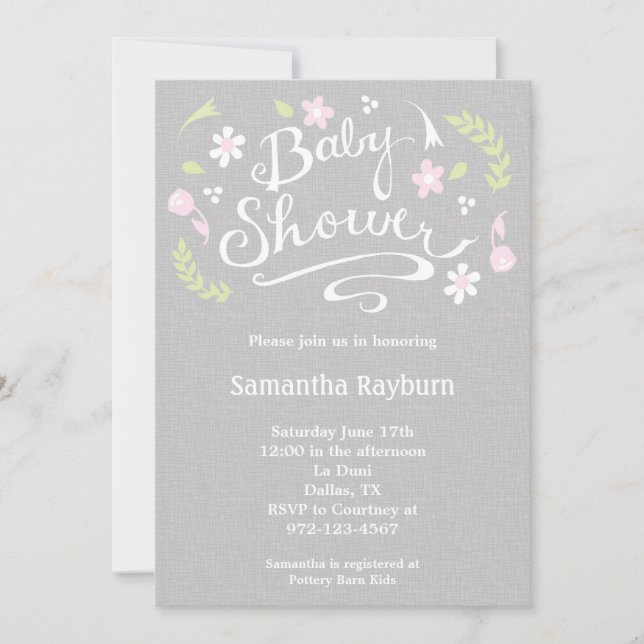 Rosa och grå blommig baby shower-inbjudan inbjudningar (Framsida)