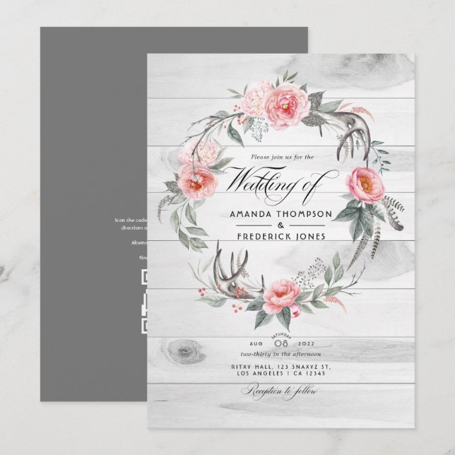 Rosa och grå blomster QR-kod RSVP bohemisk bröllop Inbjudningar (Fram/baksida)