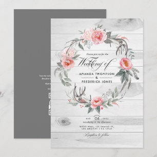 Rosa och grå blomster QR-kod RSVP bohemisk bröllop Inbjudningar