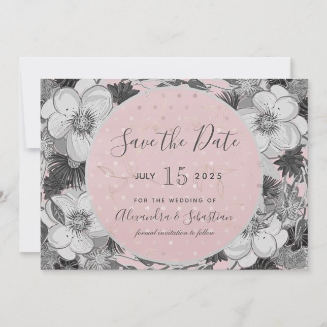 Rosa och grå bröllopsinbjudan för att spara datum datumet (Framsida)