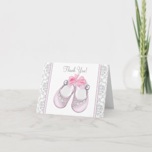 Rosa och grå Damask-mönstrade tackkort för baby sh
